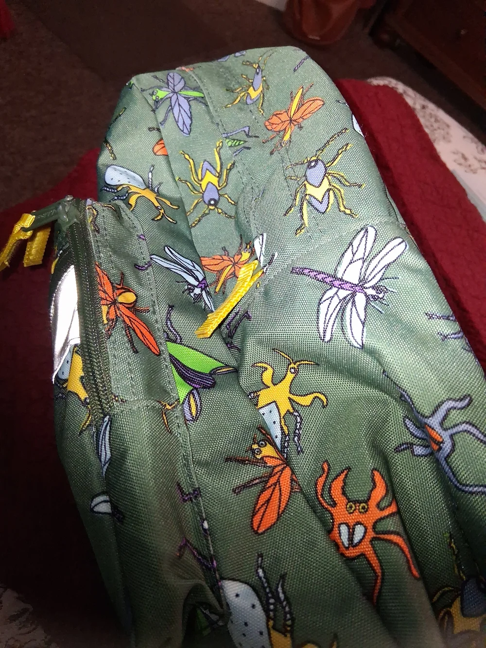 L.L. Bean Olive Green Kids Backpack with Colorful Bug Print